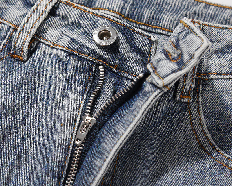 Wash Blue Zipper Splicing Jeans