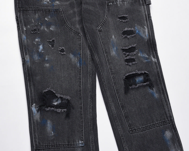 Washed Splattered Black Zip-Up Jeans