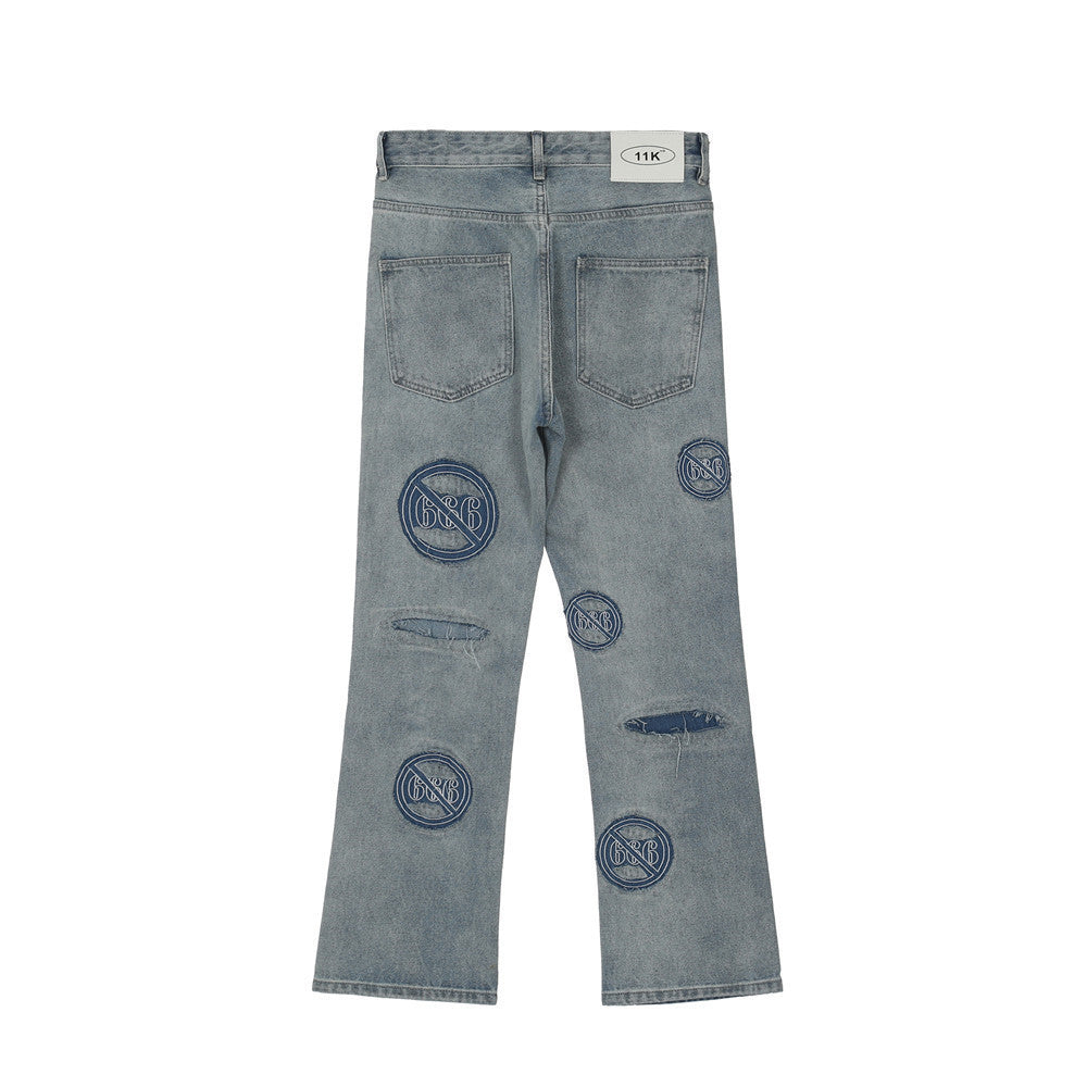 Loose Shredded Embroidered Washed Distressed Jeans