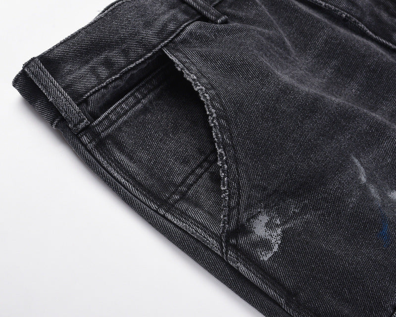 Washed Splattered Black Zip-Up Jeans
