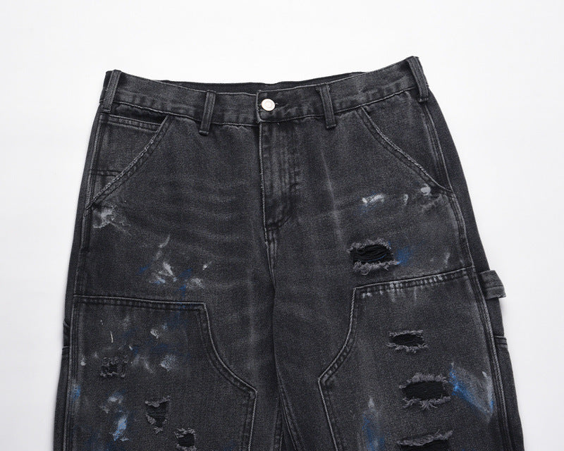 Washed Splattered Black Zip-Up Jeans