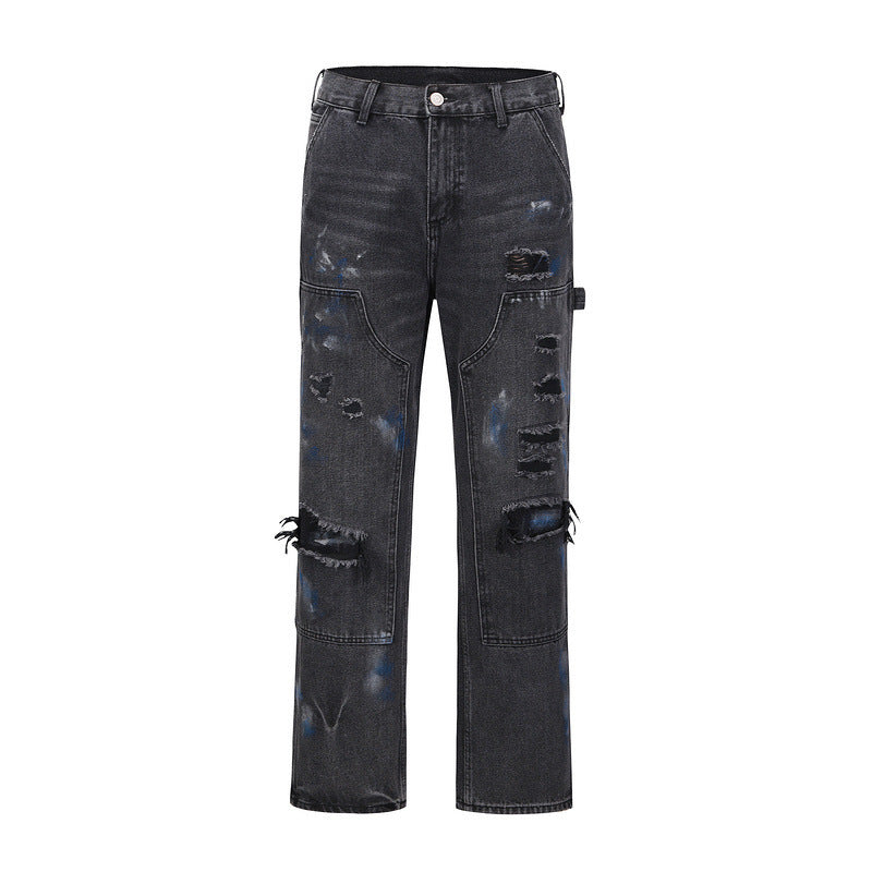 Washed Splattered Black Zip-Up Jeans
