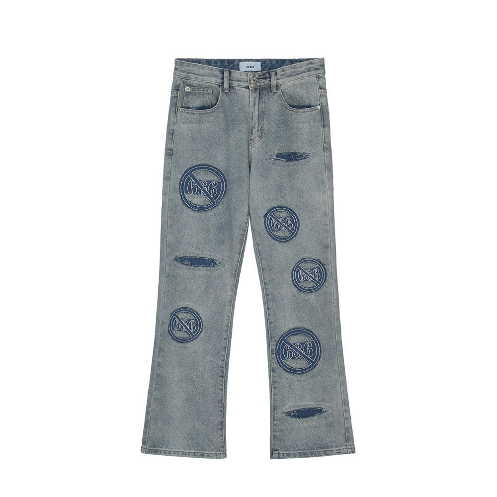 Loose Shredded Embroidered Washed Distressed Jeans