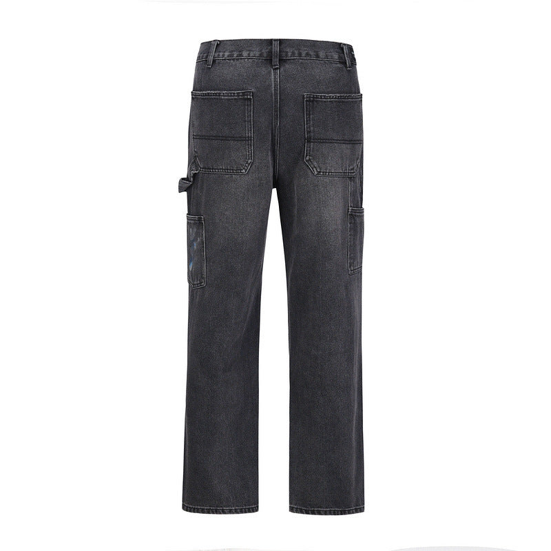 Washed Splattered Black Zip-Up Jeans